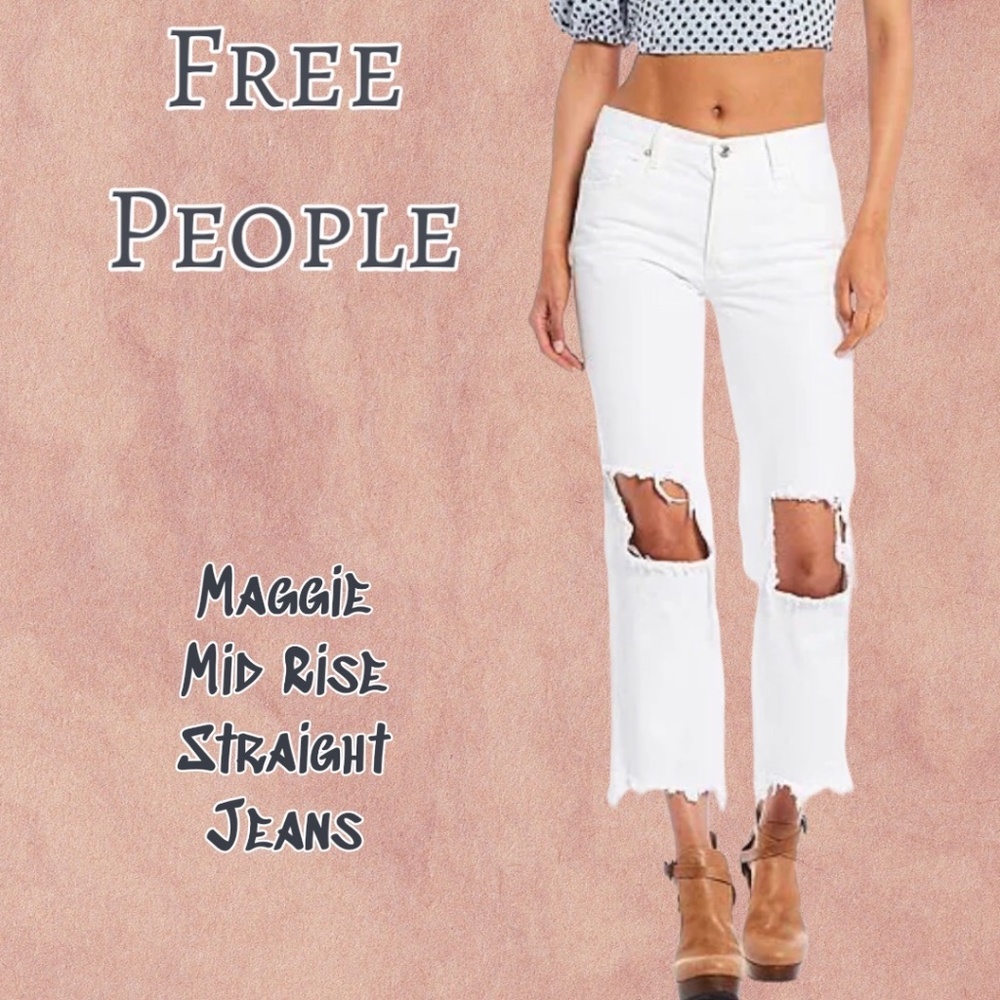 FREE PEOPLE Maggie Straight Leg Mid Rise Denim Jeans in White